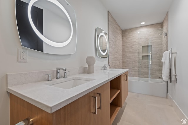 2066 E Oquirrh Mountain Cir, Heber City, UT 84032 - full bath featuring a sink, washtub / shower combination, double vanity, and tile patterned flooring