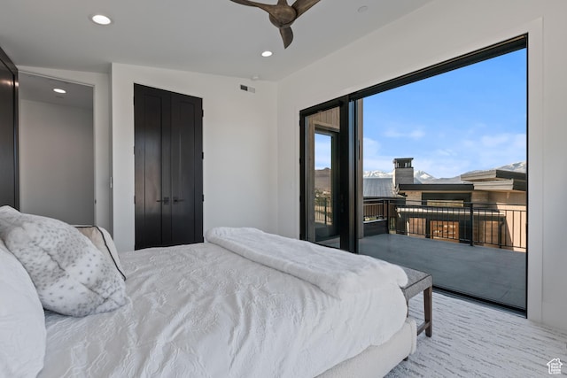 2066 E Oquirrh Mountain Cir, Heber City, UT 84032 - bedroom with a ceiling fan, access to exterior, recessed lighting, and visible vents