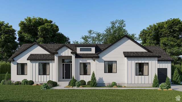 modern farmhouse style home featuring board and batten siding, a shingled roof, and a front yard
