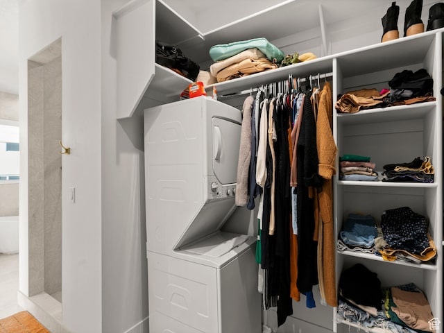 9749 N Hibiscus Ln, Eagle Mountain, UT 84005 - clothes washing area with estacked washer and dryer