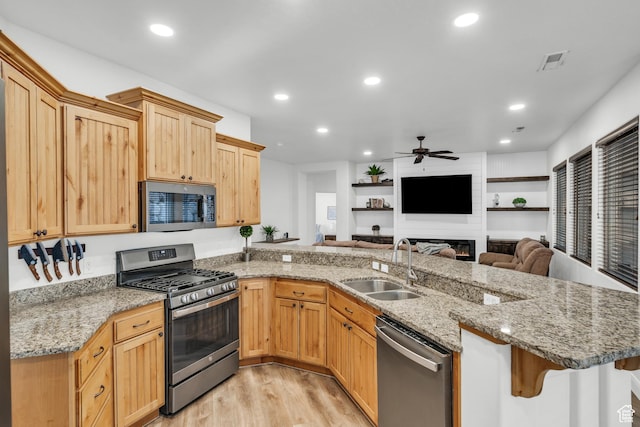 235 W Golden Eagle Cir, St George, UT 84770 - kitchen with sink, kitchen peninsula, stainless steel appliances, light stone countertops, and light hardwood / wood-style floors