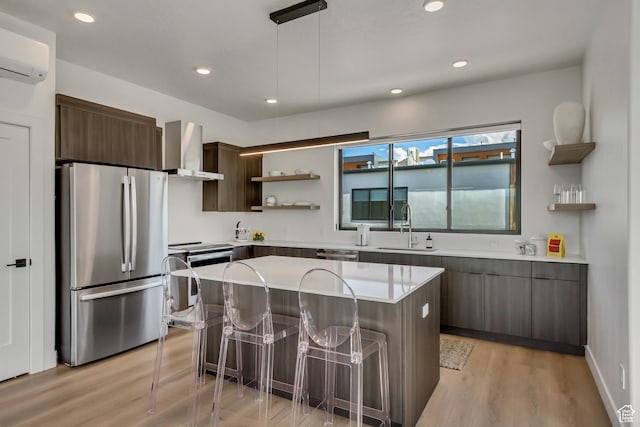 kitchen with modern cabinets, a sink, open shelves, wall chimney range hood, and stainless steel appliances