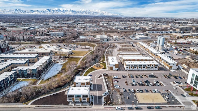 drone / aerial view featuring a mountain view