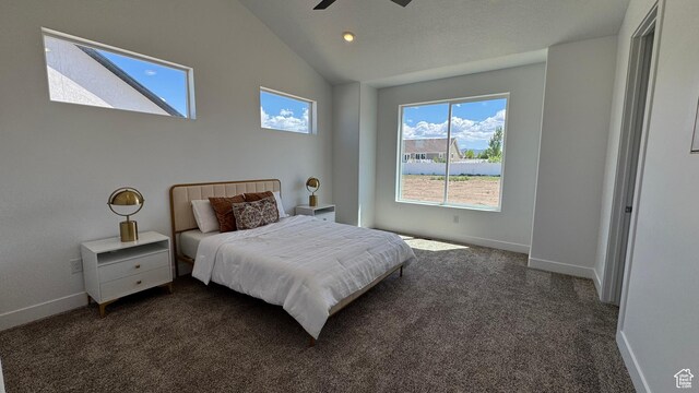 bedroom with dark carpet, baseboards, vaulted ceiling, recessed lighting, and a ceiling fan