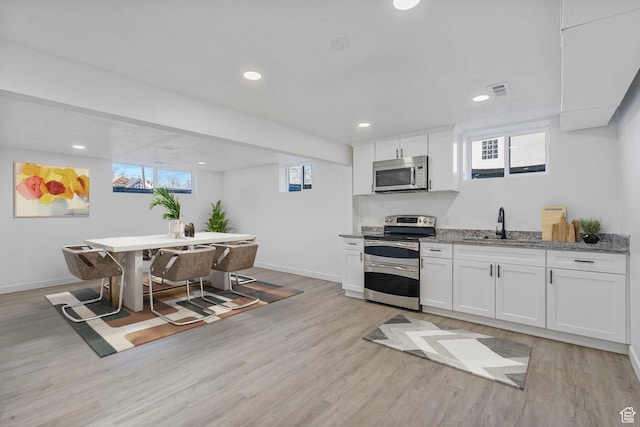 448 N 900 W, Salt Lake City, UT 84116 - kitchen with appliances with stainless steel finishes, light wood-type flooring, white cabinets, and plenty of natural light