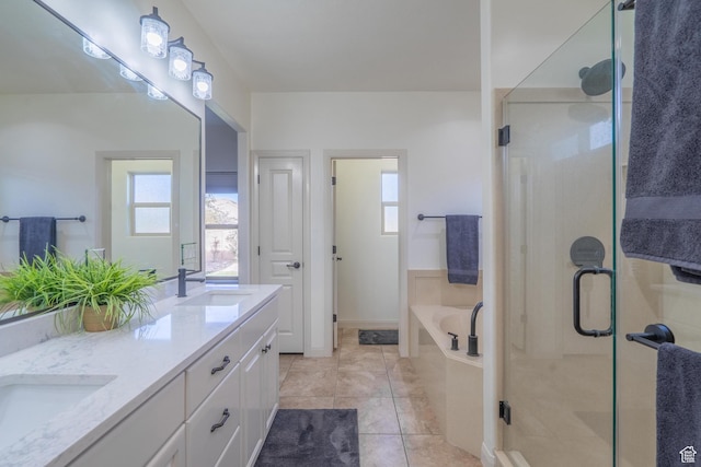 205 E Gold Bullion Way, Washington, UT 84780 - bathroom featuring vanity, tile patterned floors, and separate shower and tub