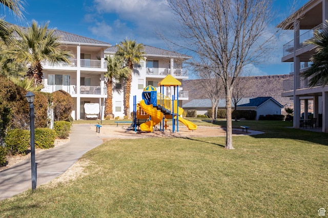 view of play area with a lawn