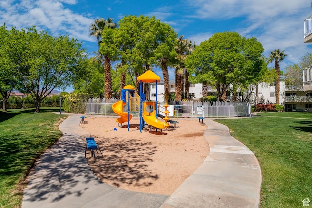view of play area with a yard