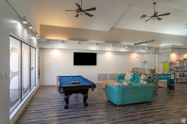 recreation room with dark hardwood / wood-style flooring and ceiling fan