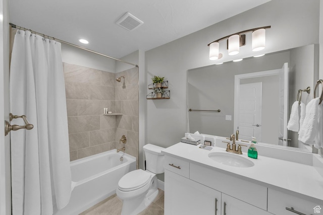 1439 N Arena Roja Dr, Washington, UT 84780 - full bathroom featuring shower / bathtub combination with curtain, vanity, tile patterned flooring, and toilet