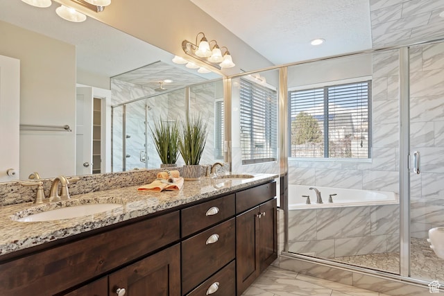 1407 N Mountain Rd, Ogden, UT 84404 - bathroom featuring vanity, shower with separate bathtub, and a textured ceiling
