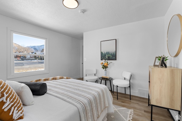 2386 E Lakeview Dr S, Millcreek, UT 84109 - bedroom featuring a mountain view, light hardwood / wood-style flooring, and a textured ceiling