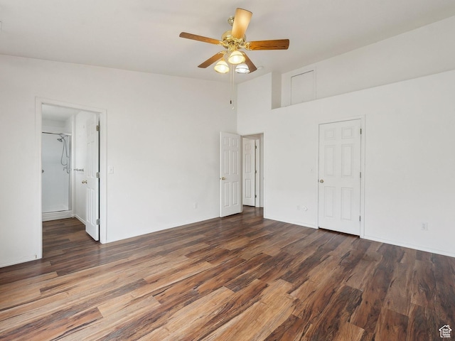 3859 S Mitchell Cv E Unit 203, South Salt Lake, UT 84115 - unfurnished bedroom with ceiling fan, dark wood-type flooring, and high vaulted ceiling