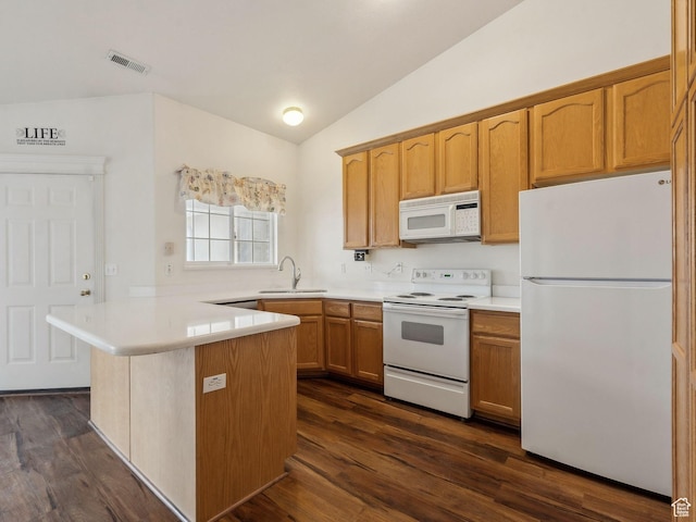 3859 S Mitchell Cv E Unit 203, South Salt Lake, UT 84115 - kitchen with kitchen peninsula, sink, white appliances, vaulted ceiling, and dark hardwood / wood-style floors