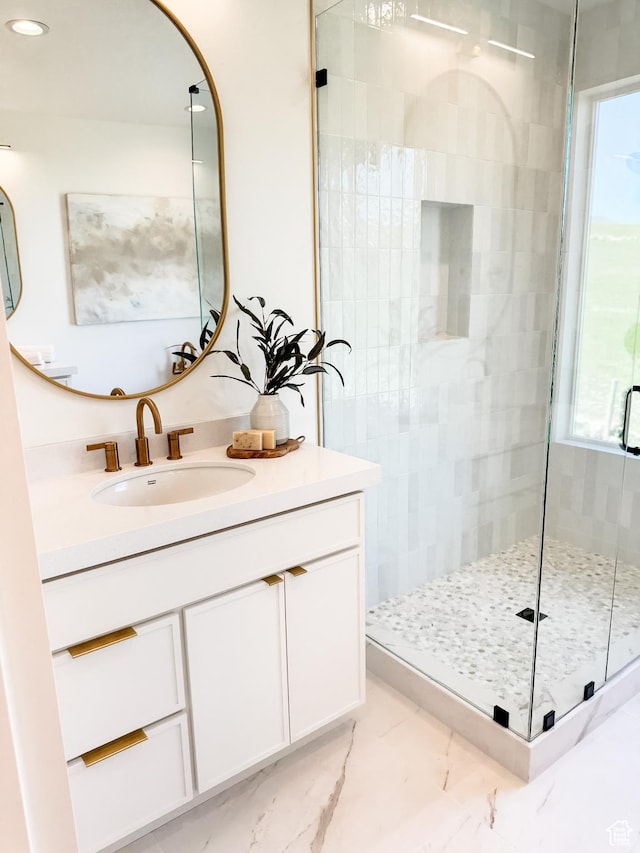 994 W Union Bench Dr S, Mapleton, UT 84664 - bathroom with recessed lighting, marble finish floor, a shower stall, and vanity