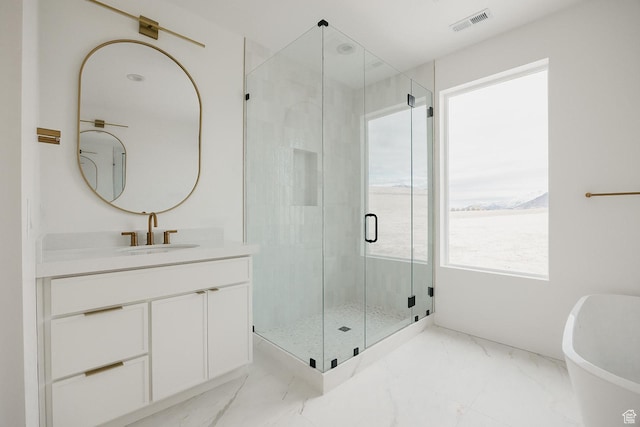 994 W Union Bench Dr S, Mapleton, UT 84664 - full bathroom with visible vents, marble finish floor, a stall shower, and vanity
