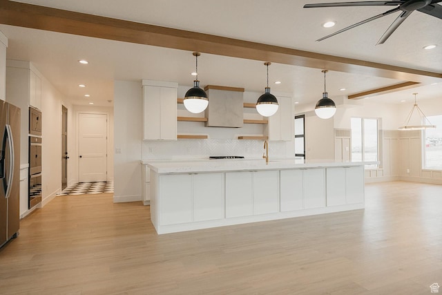 994 W Union Bench Dr S, Mapleton, UT 84664 - kitchen featuring white cabinets, light countertops, beam ceiling, decorative backsplash, and open shelves