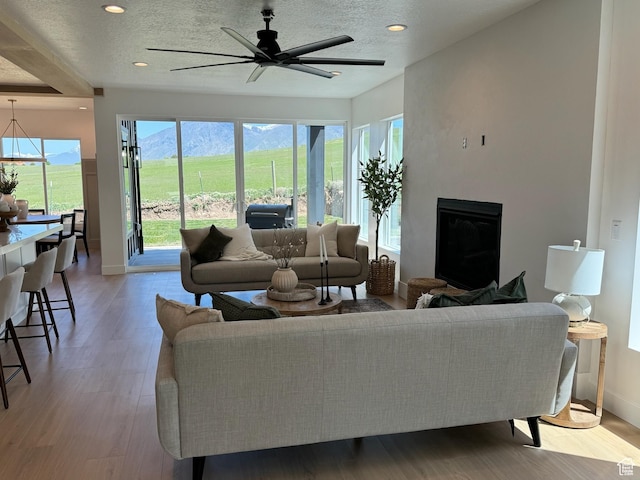 994 W Union Bench Dr S, Mapleton, UT 84664 - living area featuring a textured ceiling, recessed lighting, wood finished floors, a ceiling fan, and baseboards