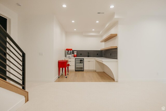 994 W Union Bench Dr S, Mapleton, UT 84664 - kitchen featuring open shelves, recessed lighting, backsplash, white cabinetry, and beverage cooler