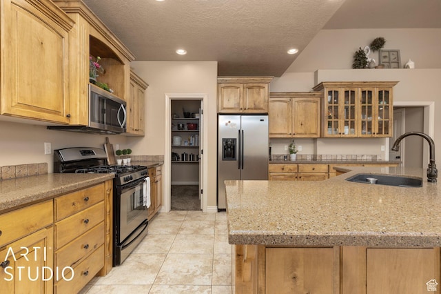 1679 N 4400 W, Plain City, UT 84404 - kitchen with sink, stainless steel appliances, a textured ceiling, light tile patterned flooring, and light brown cabinetry