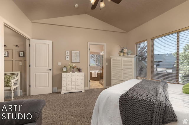 1679 N 4400 W, Plain City, UT 84404 - bedroom with ensuite bathroom, vaulted ceiling, carpet floors, ceiling fan, and access to exterior