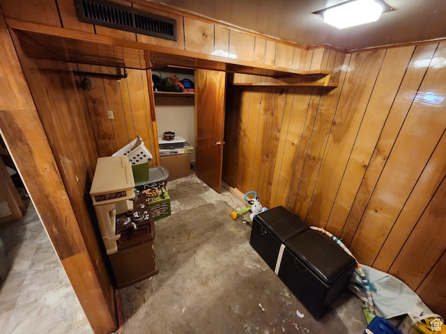 basement with wooden walls