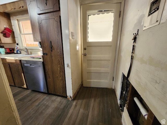 kitchen with sink, dark hardwood / wood-style floors, and stainless steel dishwasher