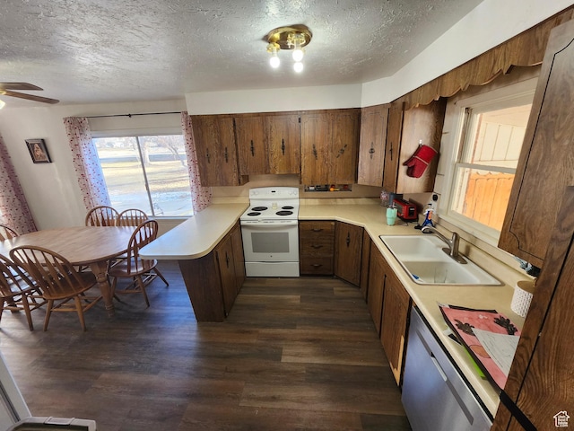 kitchen with sink, white electric range, dark wood-type flooring, a textured ceiling, and stainless steel dishwasher