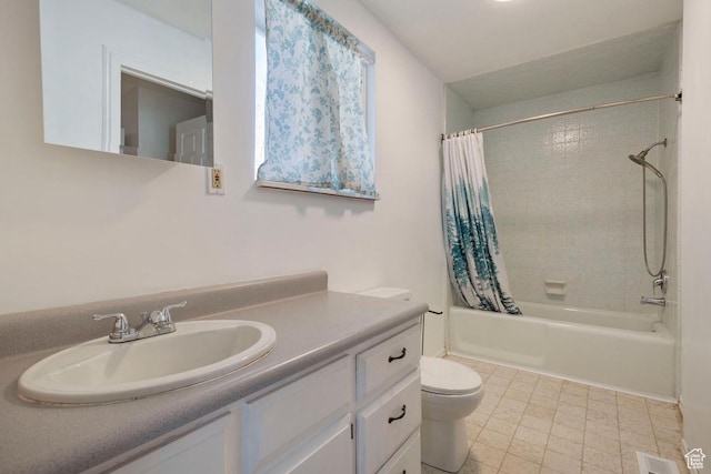 full bathroom featuring visible vents, shower / bath combination with curtain, toilet, and vanity