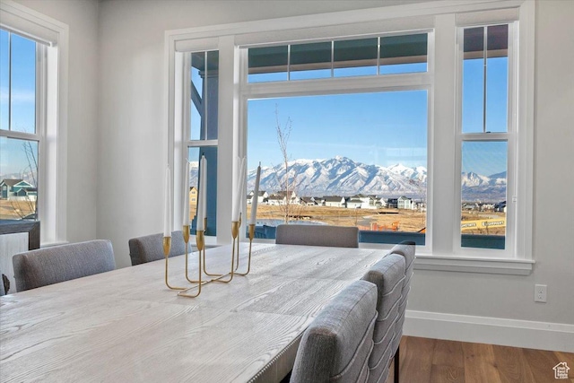 dining area with a mountain view and hardwood / wood-style flooring