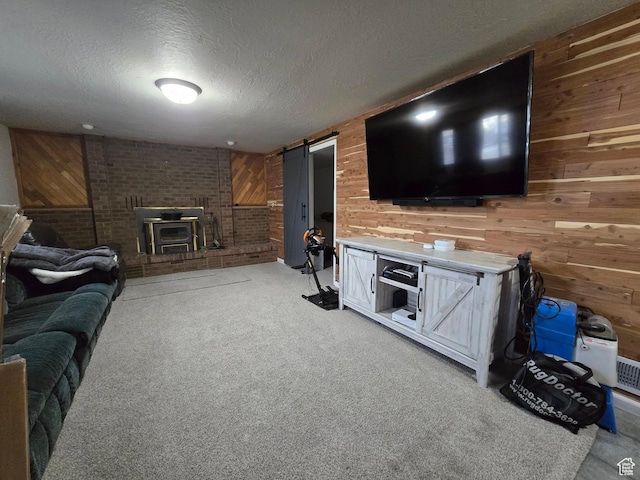 4556 W 4950 S, Hooper, UT 84315 - carpeted living area featuring a textured ceiling, wood walls, and a barn door