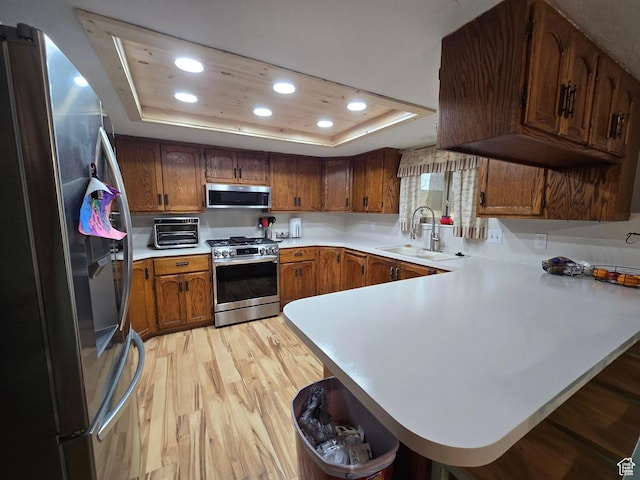 4556 W 4950 S, Hooper, UT 84315 - kitchen featuring a sink, appliances with stainless steel finishes, light wood-style floors, a peninsula, and a tray ceiling