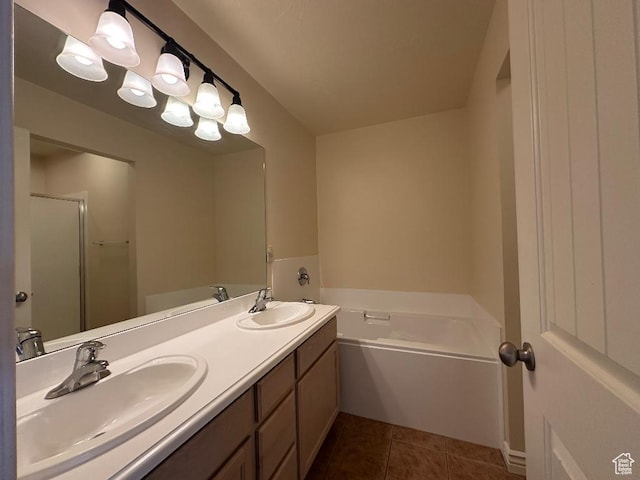 6751 S Sienna Park Ln, Midvale, UT 84047 - bathroom featuring tile patterned flooring, vanity, and independent shower and bath