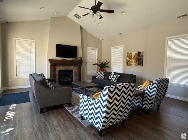 6751 S Sienna Park Ln, Midvale, UT 84047 - living room with ceiling fan, high vaulted ceiling, a fireplace, and dark hardwood / wood-style flooring