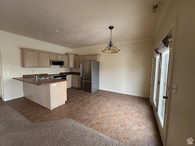6751 S Sienna Park Ln, Midvale, UT 84047 - kitchen featuring light brown cabinetry, decorative light fixtures, appliances with stainless steel finishes, kitchen peninsula, and exhaust hood