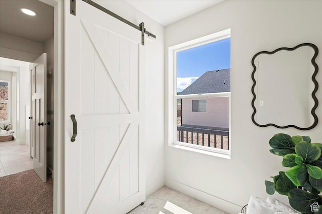 interior space featuring a barn door and baseboards
