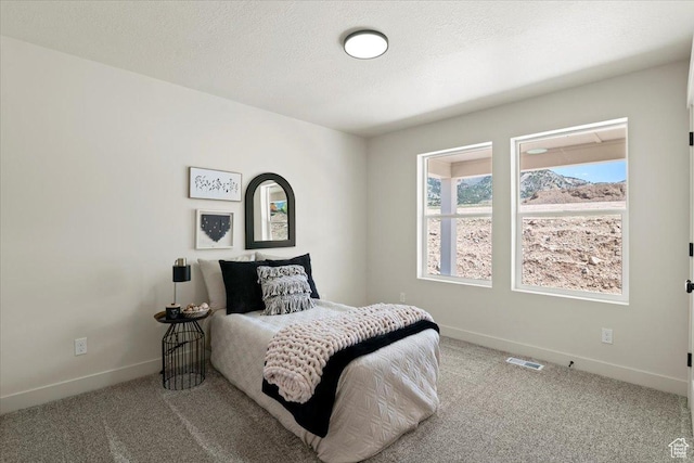 bedroom featuring a textured ceiling, carpet flooring, baseboards, and visible vents