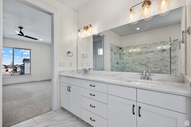 1002 W Temple Rim Ln, Payson, UT 84651 - bathroom with vanity, ceiling fan, and a shower with shower door