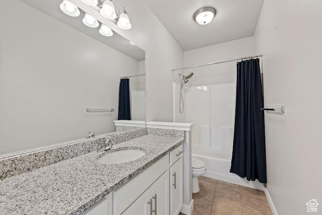 full bathroom with toilet, shower / bathtub combination with curtain, vanity, and tile patterned flooring