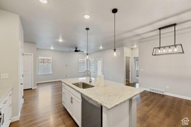 kitchen featuring white cabinetry, a ceiling fan, visible vents, dishwasher, and a sink