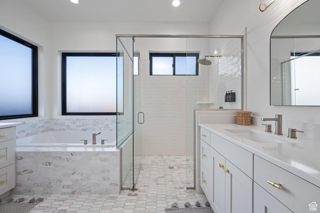 4862 N Sand Cove Cir, St George, UT 84770 - bathroom featuring vanity, tile patterned flooring, and separate shower and tub