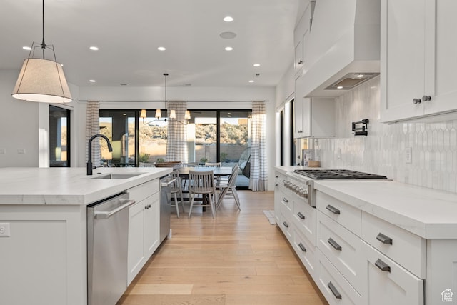 4862 N Sand Cove Cir, St George, UT 84770 - kitchen featuring pendant lighting, white cabinetry, and custom exhaust hood