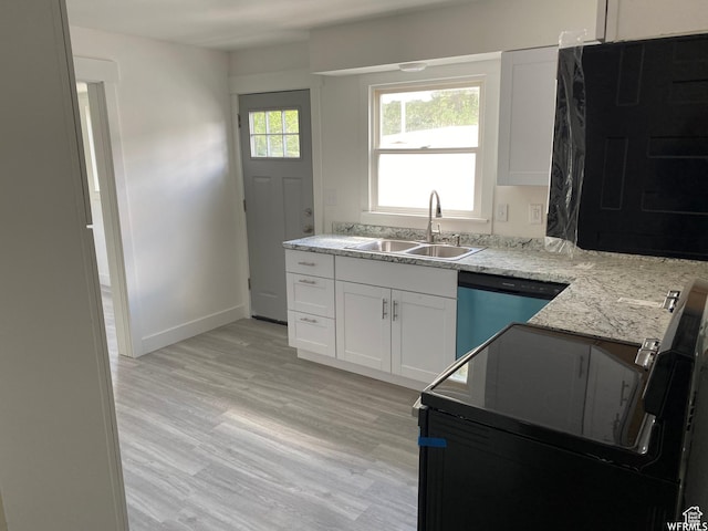 230 N 3rd St, Tooele, UT 84074 - kitchen featuring sink, light hardwood / wood-style flooring, light stone counters, white cabinets, and stainless steel dishwasher