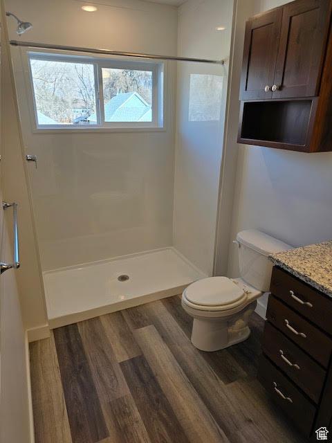 bathroom with hardwood / wood-style flooring, vanity, walk in shower, and toilet