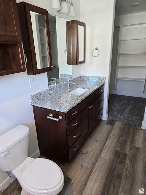 bathroom with vanity, toilet, and hardwood / wood-style floors