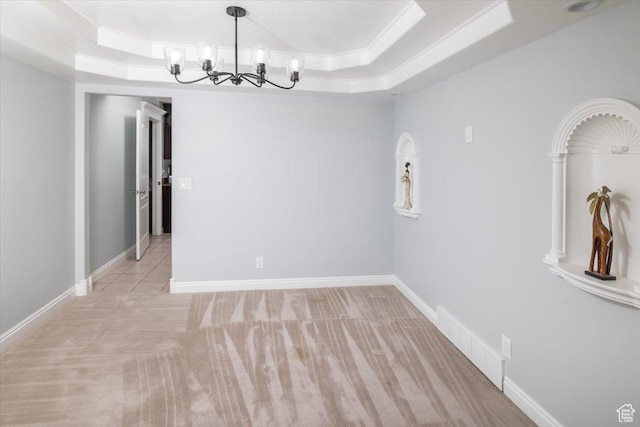939 E Summit Dr N, Smithfield, UT 84335 - unfurnished dining area featuring light carpet, a notable chandelier, a tray ceiling, and crown molding