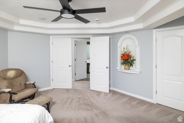 939 E Summit Dr N, Smithfield, UT 84335 - carpeted bedroom featuring a tray ceiling, ornamental molding, and ceiling fan