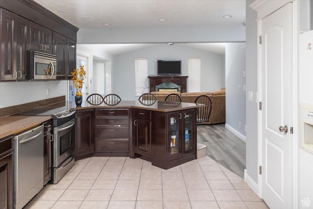 939 E Summit Dr N, Smithfield, UT 84335 - kitchen with light tile patterned flooring, appliances with stainless steel finishes, vaulted ceiling, and dark brown cabinets