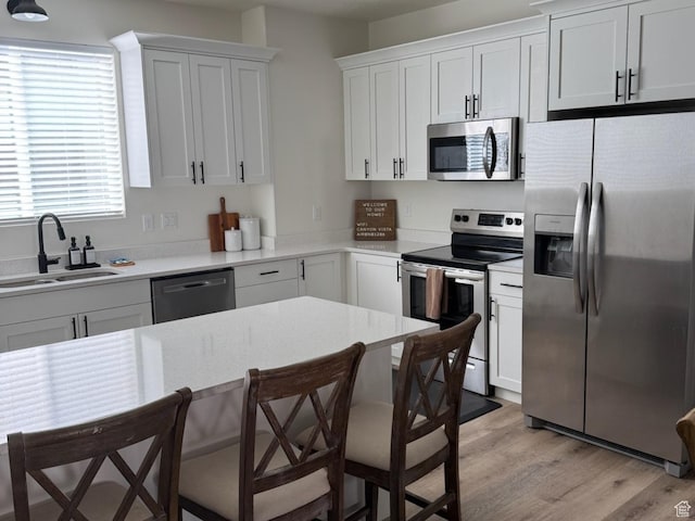 kitchen featuring a sink, stainless steel appliances, white cabinets, light wood-style floors, and a kitchen breakfast bar