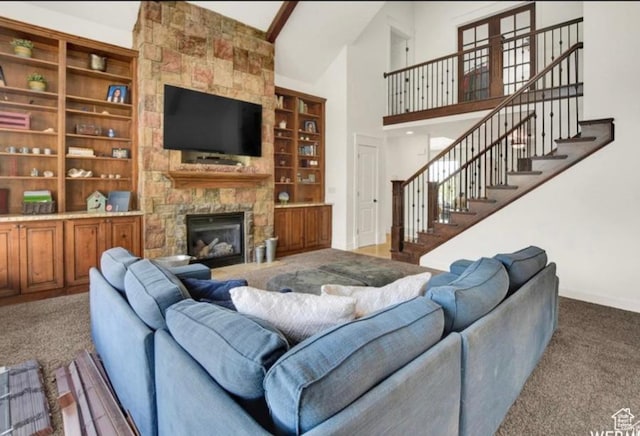 14548 S Rose Ave, Herriman, UT 84096 - carpeted living room with a stone fireplace, high vaulted ceiling, and beam ceiling